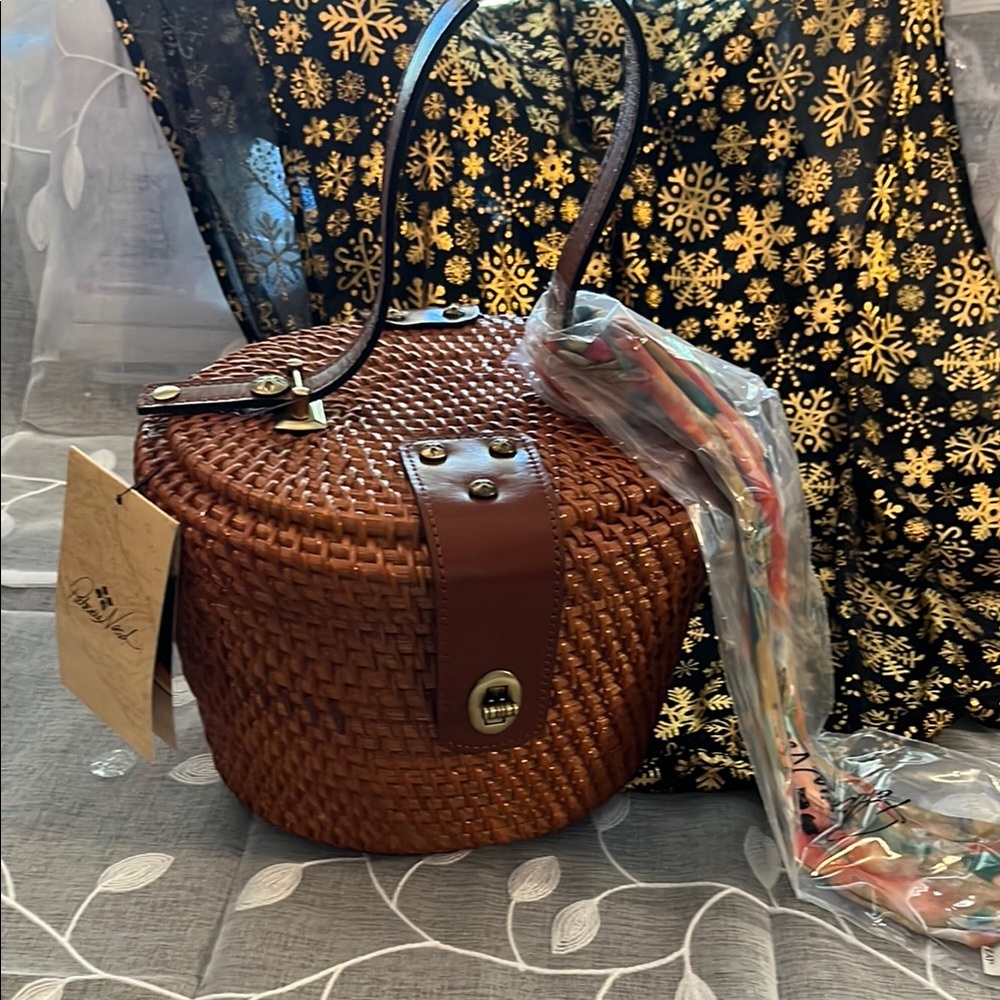 Patricia Nash Limited Brown Woven Basket Bag with Scarf